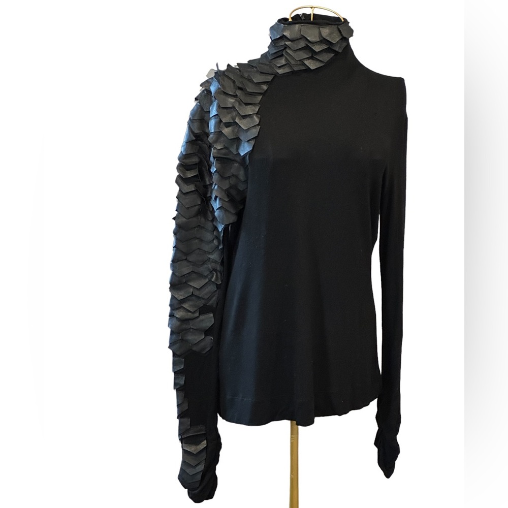 Gracia Faux Leather Accent Black Spandex Turtleneck (L)